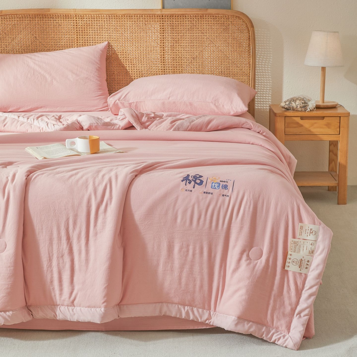 91家纺网 家纺一手货源 找家纺 星航家纺 2026新款水洗棉纯色棉花被夏被夏凉被空调被-素夏 素夏-樱花粉