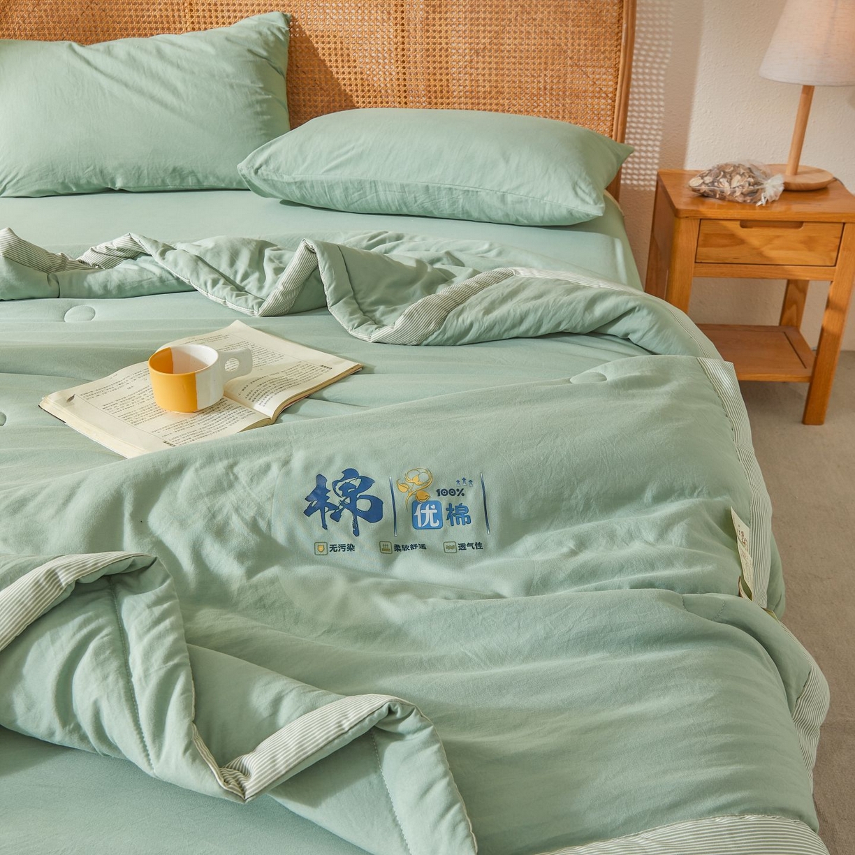 91家纺网 家纺一手货源 找家纺 星航家纺 2026新款水洗棉纯色棉花被夏被夏凉被空调被-素夏 素夏-抹茶绿