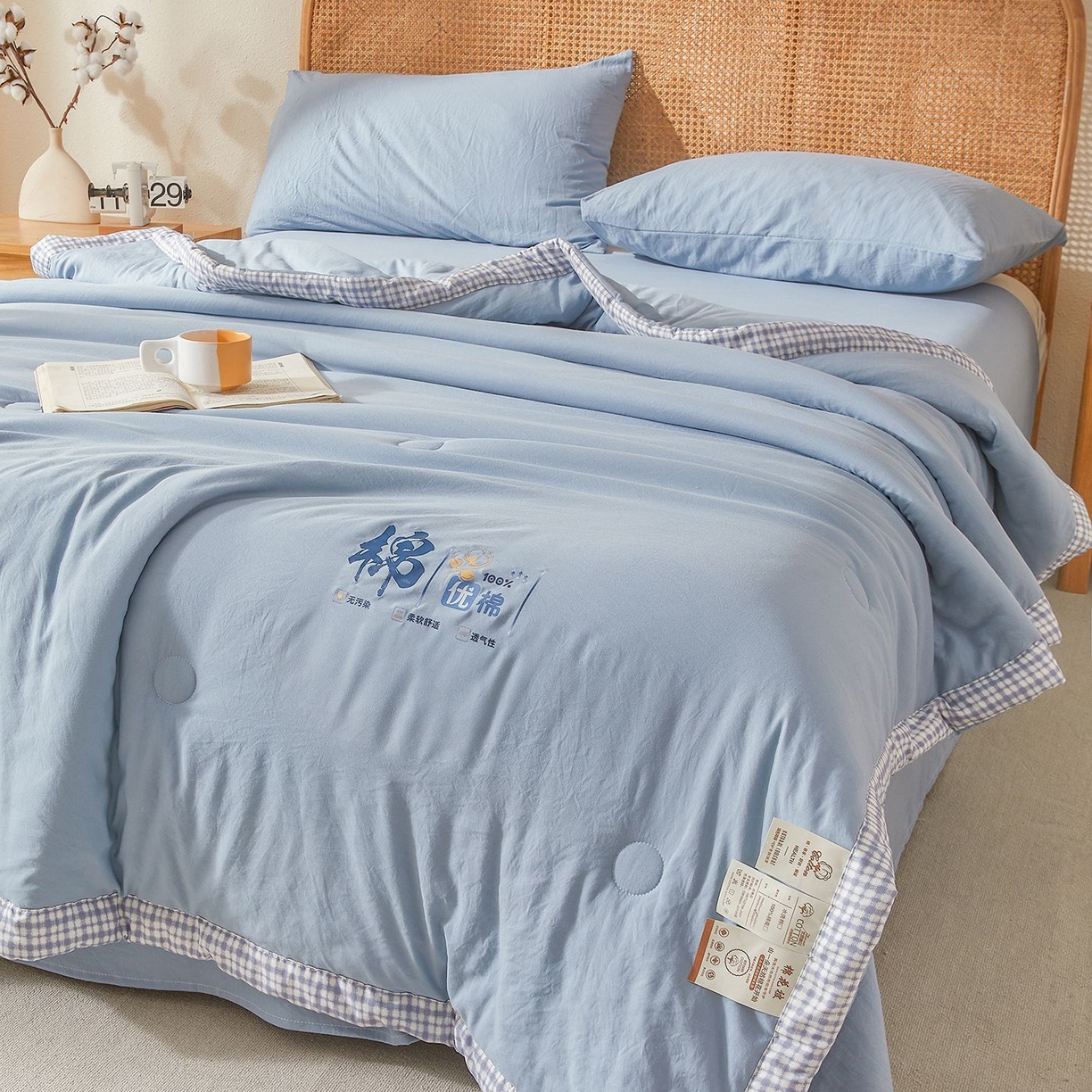 91家纺网 家纺一手货源 找家纺 星航家纺 2026新款水洗棉纯色棉花被夏被夏凉被空调被-素夏 素夏-静谧蓝