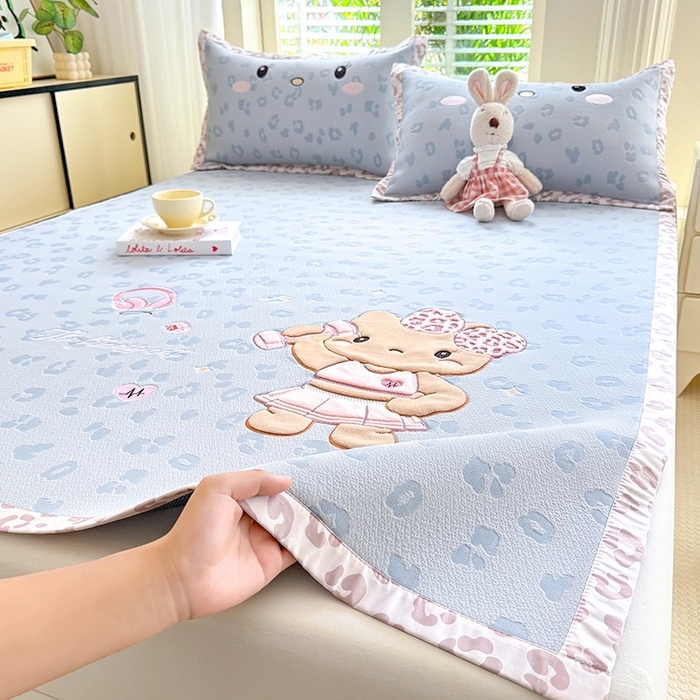 优贝家纺 2026新款高克重PE聚乙中分子复合凉感软席贴布绣三件套凉席 健身猫-蓝