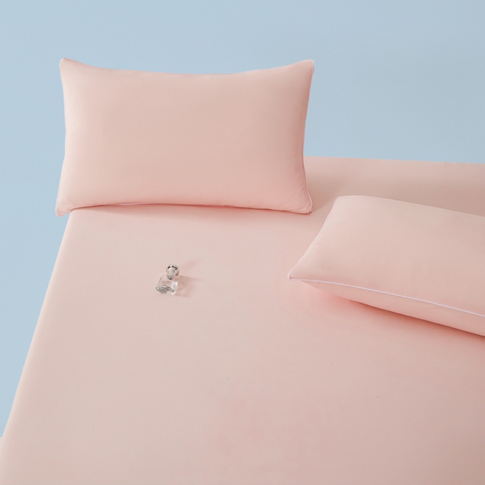 91家纺网 家纺一手货源 找家纺 鑫琪莱家纺 2026新款锦氨凉感床笠三件套Yoga系列 梦境粉