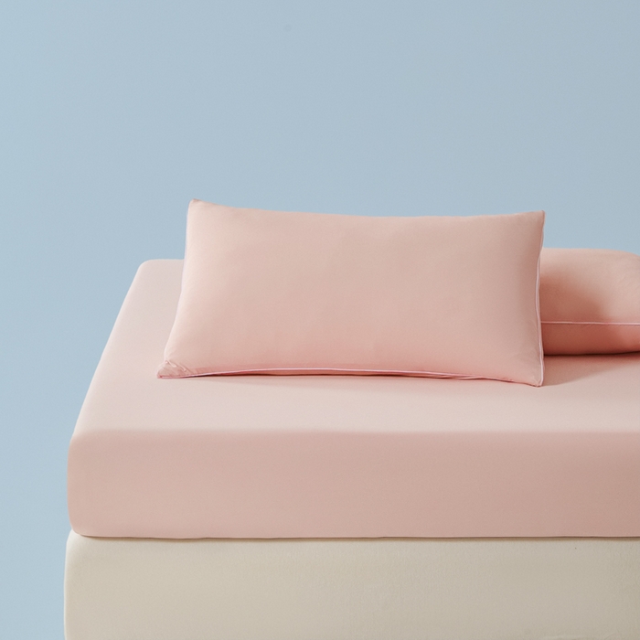 91家纺网 家纺一手货源 找家纺 鑫琪莱家纺 2026新款锦氨凉感床笠三件套Yoga系列 梦境粉