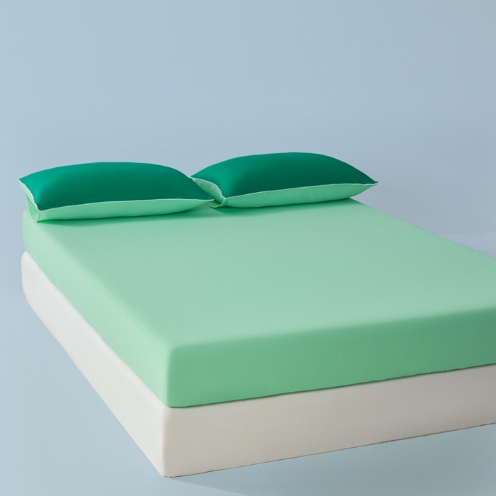 91家纺网 家纺一手货源 找家纺 鑫琪莱家纺 2026新款锦氨凉感床笠三件套Yoga系列 西瓜绿