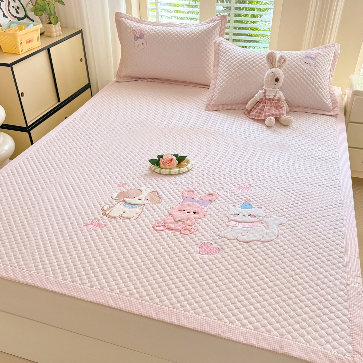 优贝家纺 2026新款高克重PE聚乙中分子复合凉感软席贴布绣凉席三件套 小兔乐园