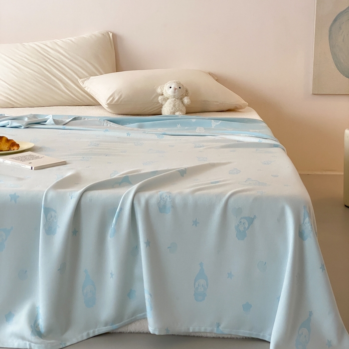 91家纺网 家纺一手货源 找家纺 麻依 2026新款竹纤维单层毛巾被盖毯夏凉被冷感毯 竹星宝-蓝色