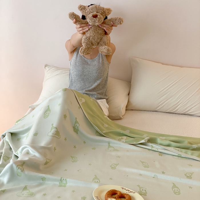 91家纺网 家纺一手货源 找家纺 麻依 2026新款竹纤维单层毛巾被盖毯夏凉被冷感毯 竹星宝-绿色