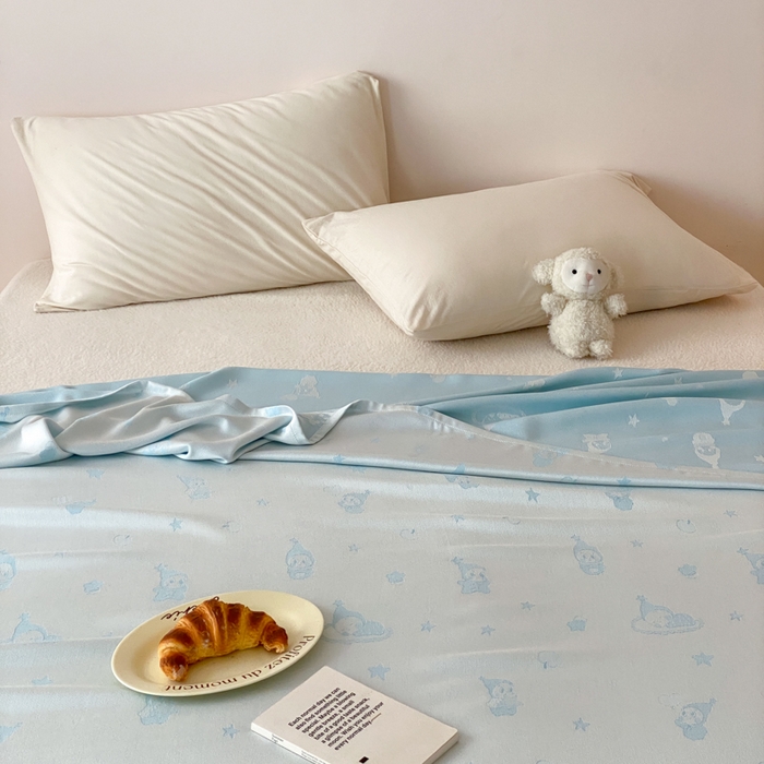 91家纺网 家纺一手货源 找家纺 麻依 2026新款竹纤维单层毛巾被盖毯夏凉被冷感毯 竹星宝-蓝色