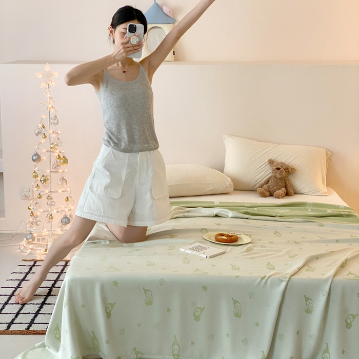 91家纺网 家纺一手货源 找家纺 麻依 2026新款竹纤维单层毛巾被盖毯夏凉被冷感毯 竹星宝-绿色