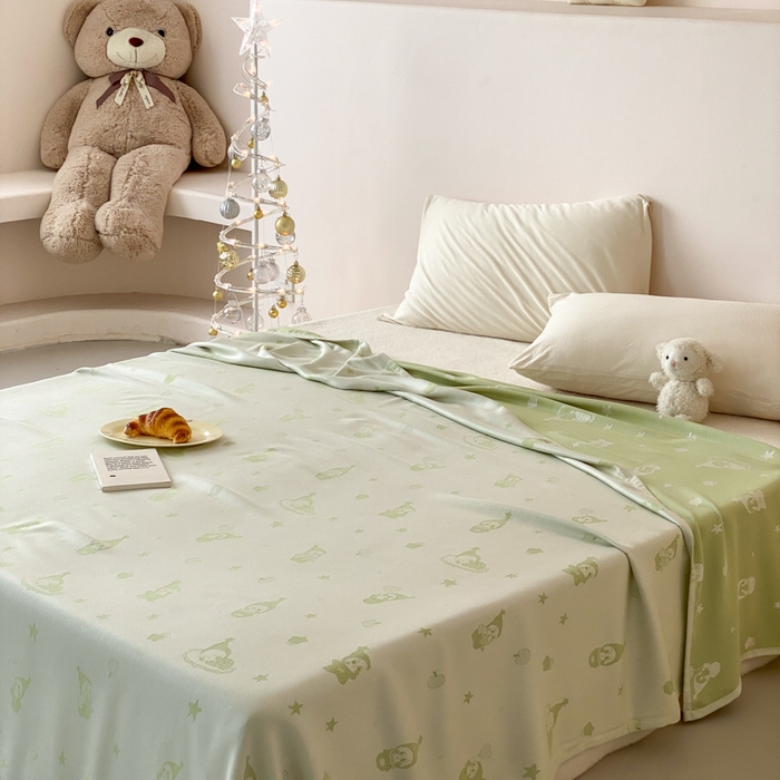 91家纺网 家纺一手货源 找家纺 麻依 2026新款竹纤维单层毛巾被盖毯夏凉被冷感毯 竹星宝-绿色