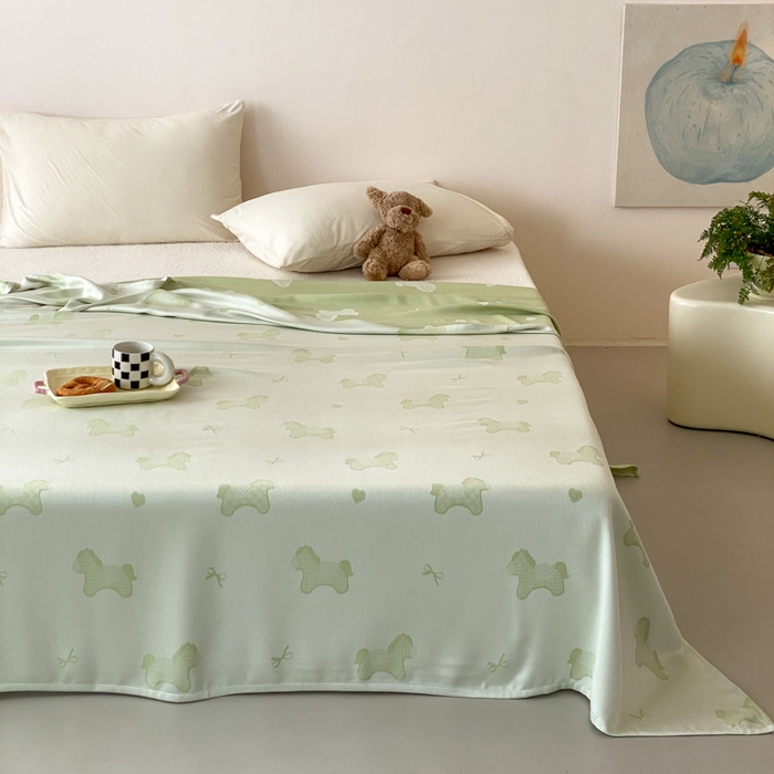 91家纺网 家纺一手货源 找家纺 麻依 2026新款竹纤维单层毛巾被盖毯夏凉被冷感毯 小马-绿色