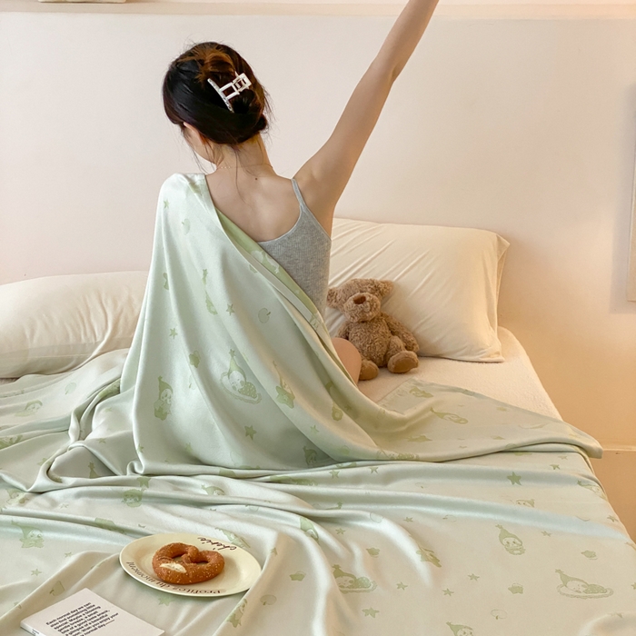 91家纺网 家纺一手货源 找家纺 麻依 2026新款竹纤维单层毛巾被盖毯夏凉被冷感毯 竹星宝-绿色