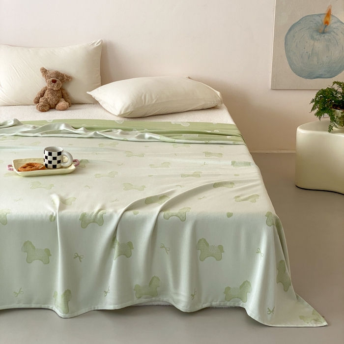 91家纺网 家纺一手货源 找家纺 麻依 2026新款竹纤维单层毛巾被盖毯夏凉被冷感毯 小马-绿色