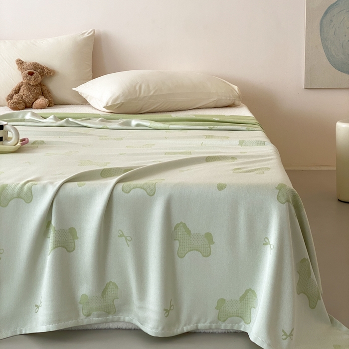 91家纺网 家纺一手货源 找家纺 麻依 2026新款竹纤维单层毛巾被盖毯夏凉被冷感毯 小马-绿色