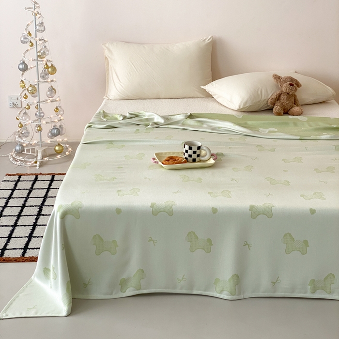 91家纺网 家纺一手货源 找家纺 麻依 2026新款竹纤维单层毛巾被盖毯夏凉被冷感毯 小马-绿色