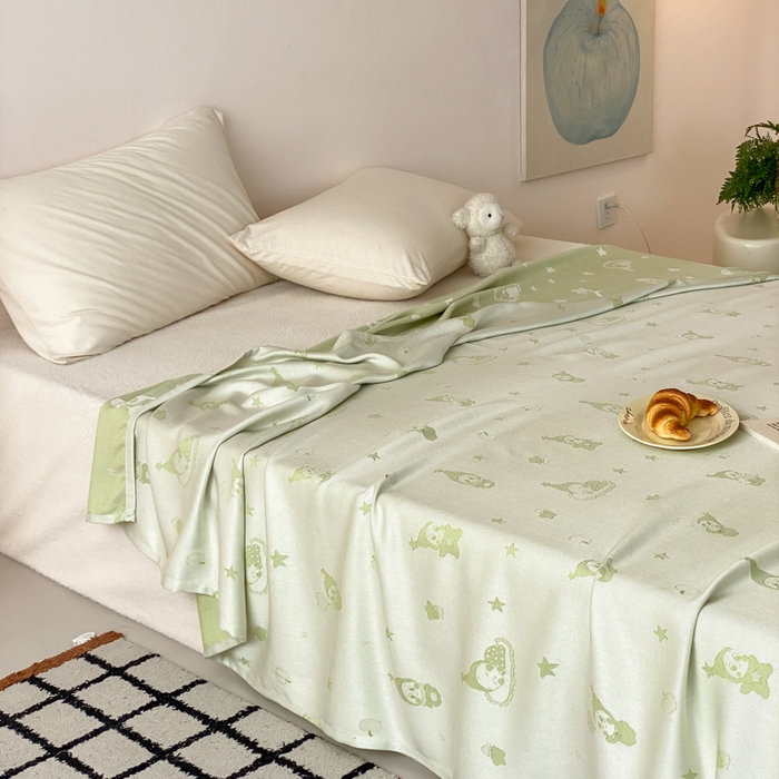 91家纺网 家纺一手货源 找家纺 麻依 2026新款竹纤维单层毛巾被盖毯夏凉被冷感毯 竹星宝-绿色