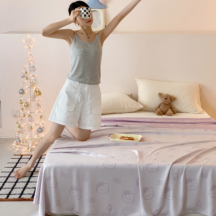 91家纺网 家纺一手货源 找家纺 麻依 2026新款竹纤维单层毛巾被盖毯夏凉被冷感毯 蛋糕KT-紫色