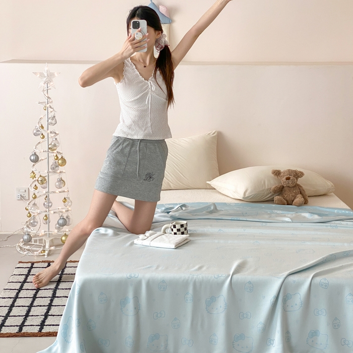 91家纺网 家纺一手货源 找家纺 麻依 2026新款竹纤维单层毛巾被盖毯夏凉被冷感毯 蛋糕KT-蓝色