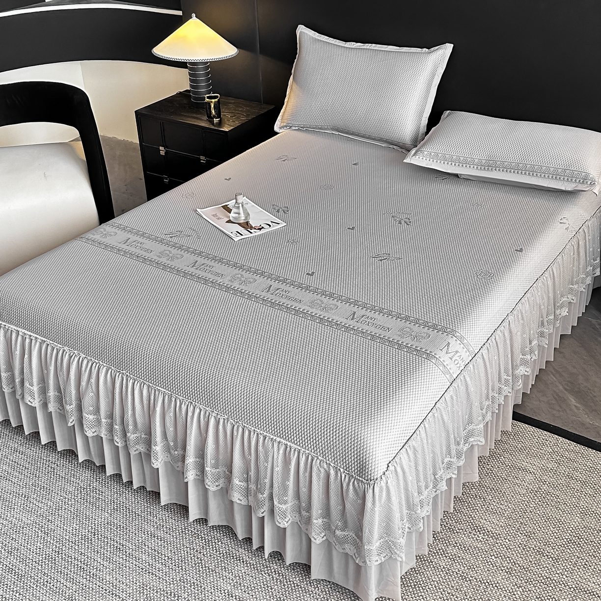 栩裕纺织 2026新款清纱菱纹床裙款豆豆席凉席 蝴蝶结灰