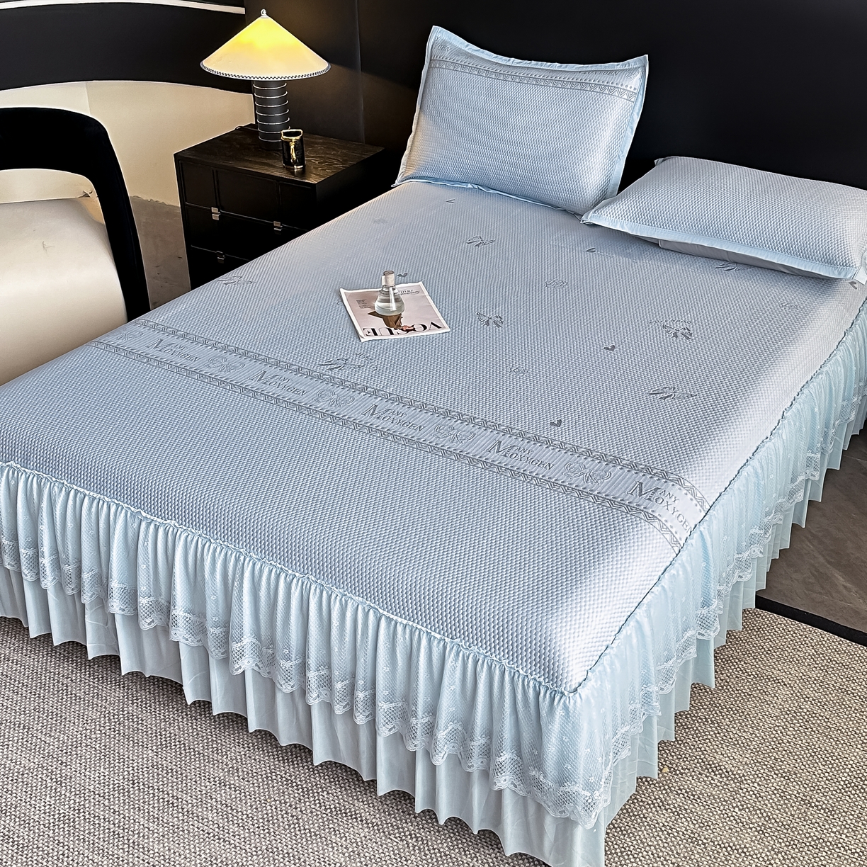 栩裕纺织 2026新款清纱菱纹床裙款豆豆席凉席 蝴蝶结蓝