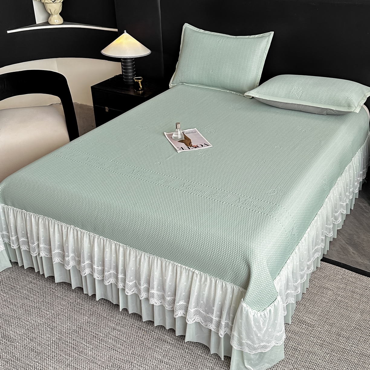 栩裕纺织 2026新款清纱菱纹床裙款豆豆席凉席 蝴蝶结绿