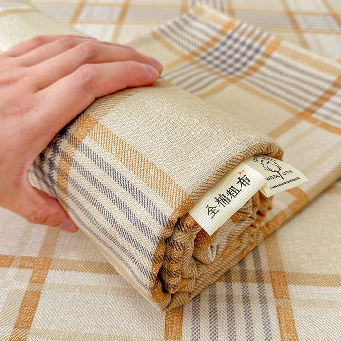 91家纺网 家纺一手货源 找家纺 缦彩 2026新款全棉老粗布床单100%纯棉凉席席子三件套 金灰雅格