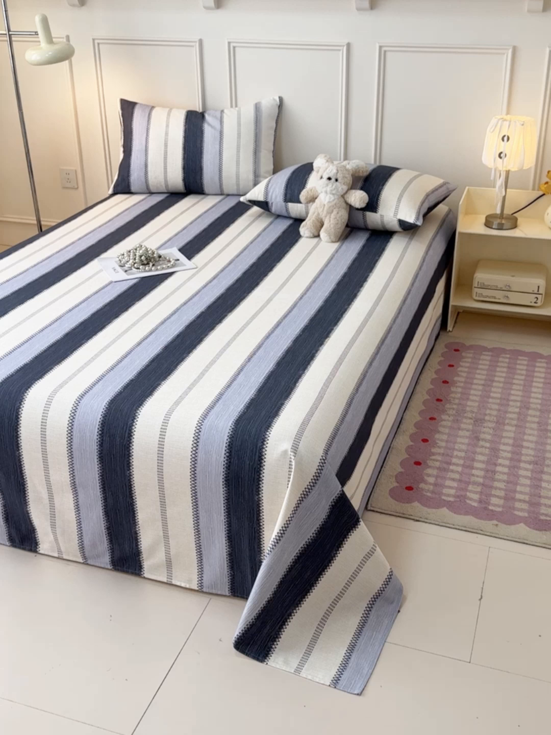 91家纺网 家纺一手货源 找家纺 缦彩 2026新款全棉老粗布床单100%纯棉凉席席子三件套 简纹蓝调