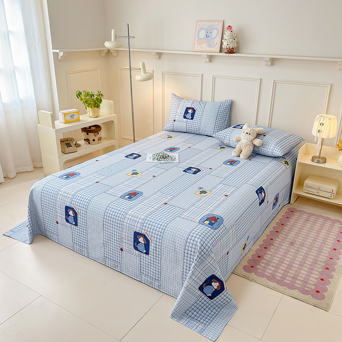 91家纺网 家纺一手货源 找家纺 缦彩 2026新款全棉老粗布床单100%纯棉凉席席子三件套 萌犬格纹