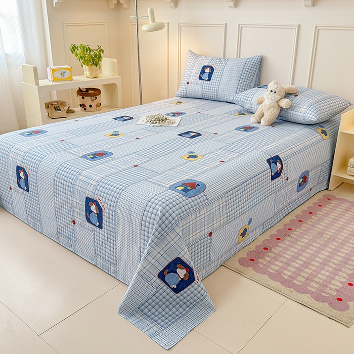 91家纺网 家纺一手货源 找家纺 缦彩 2026新款全棉老粗布床单100%纯棉凉席席子三件套 萌犬格纹