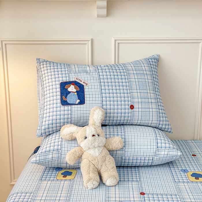 91家纺网 家纺一手货源 找家纺 缦彩 2026新款全棉老粗布床单100%纯棉凉席席子三件套 萌犬格纹