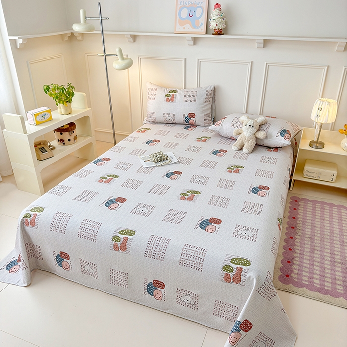 91家纺网 家纺一手货源 找家纺 缦彩 2026新款全棉老粗布床单100%纯棉凉席席子三件套 森系小菇