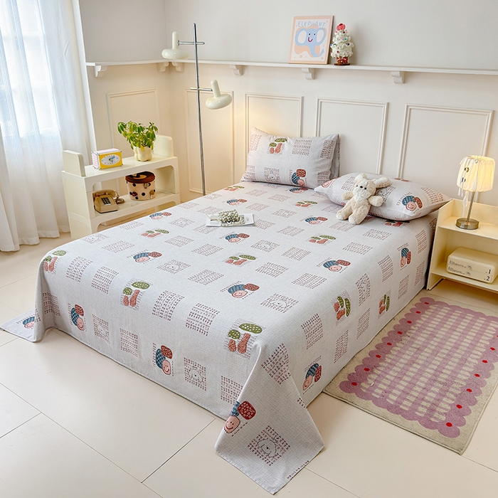 91家纺网 家纺一手货源 找家纺 缦彩 2026新款全棉老粗布床单100%纯棉凉席席子三件套 森系小菇