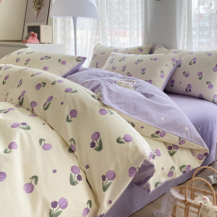 宇彬家纺 2026直播新款13372A类全棉纯棉印花单双人被套喷气小清新简约热款学生被罩 束朵-紫