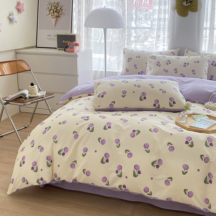 91家纺网 家纺一手货源 找家纺 宇彬家纺 2026直播新款13372A类全棉纯棉印花单双人被套喷气小清新简约热款学生被罩 束朵-紫
