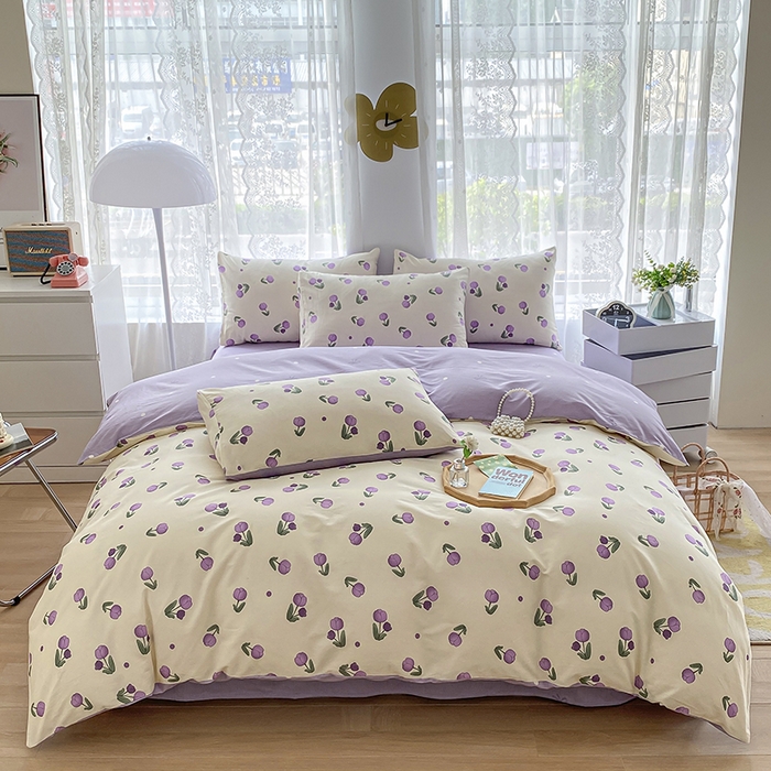 91家纺网 家纺一手货源 找家纺 宇彬家纺 2026直播新款13372A类全棉纯棉印花单双人被套喷气小清新简约热款学生被罩 束朵-紫