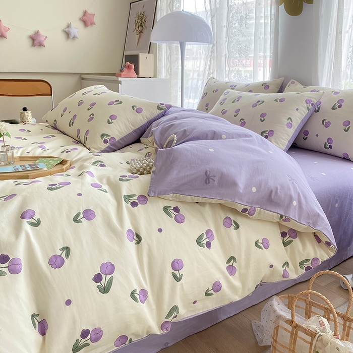 91家纺网 家纺一手货源 找家纺 宇彬家纺 2026直播新款13372A类全棉纯棉印花单双人被套喷气小清新简约热款学生被罩 束朵-紫