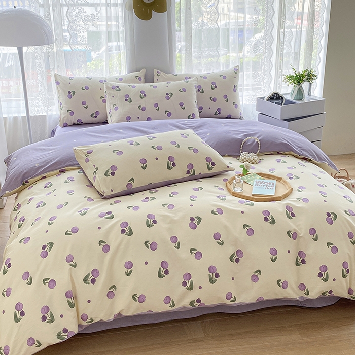 91家纺网 家纺一手货源 找家纺 宇彬家纺 2026直播新款13372A类全棉纯棉印花单双人被套喷气小清新简约热款学生被罩 束朵-紫