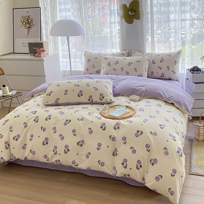 91家纺网 家纺一手货源 找家纺 宇彬家纺 2026直播新款13372A类全棉纯棉印花单双人被套喷气小清新简约热款学生被罩 束朵-紫