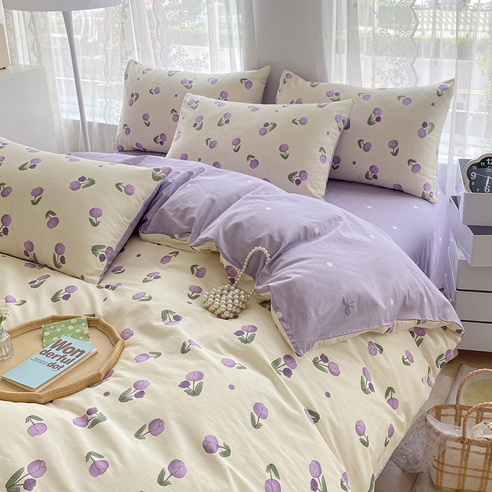 91家纺网 家纺一手货源 找家纺 宇彬家纺 2026直播新款13372A类全棉纯棉印花单双人被套喷气小清新简约热款学生被罩 束朵-紫