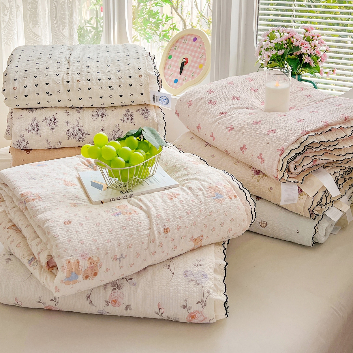 金梦拉家纺 2026新款泡芙纱全棉小黑花边夏被四件套 组合图