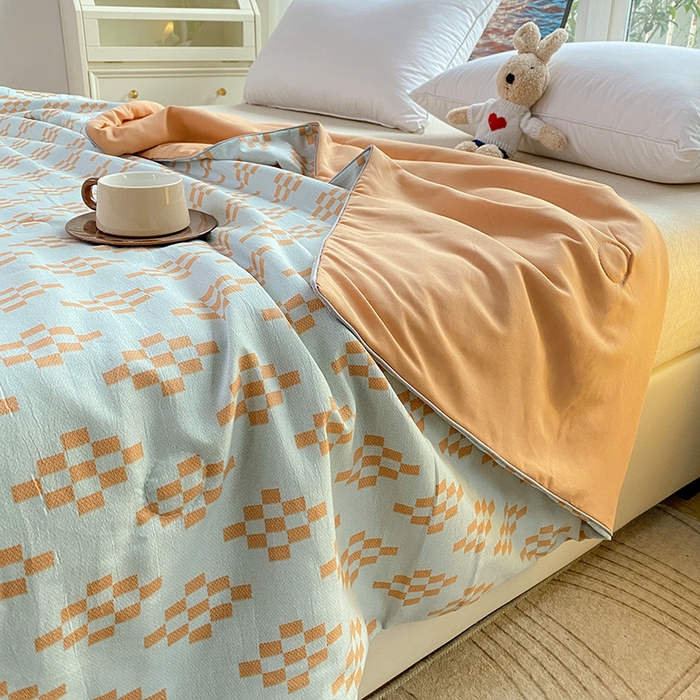 91家纺网 家纺一手货源 找家纺 畅畅家纺 2026新款A类水洗棉麻双层纱夏被夏凉被空调被四件套 长方格