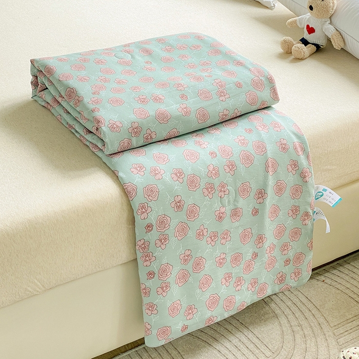 91家纺网 家纺一手货源 找家纺 畅畅家纺 2026新款A类水洗棉麻双层纱夏被夏凉被空调被四件套 法式玫瑰