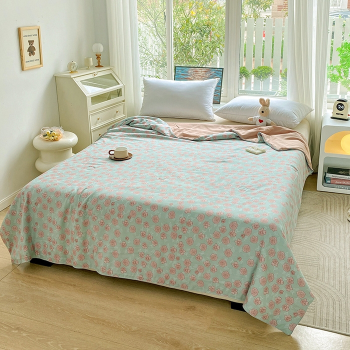 91家纺网 家纺一手货源 找家纺 畅畅家纺 2026新款A类水洗棉麻双层纱夏被夏凉被空调被四件套 法式玫瑰