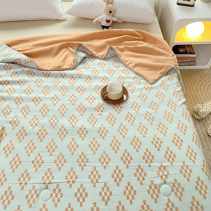 91家纺网 家纺一手货源 找家纺 畅畅家纺 2026新款A类水洗棉麻双层纱夏被夏凉被空调被四件套 长方格