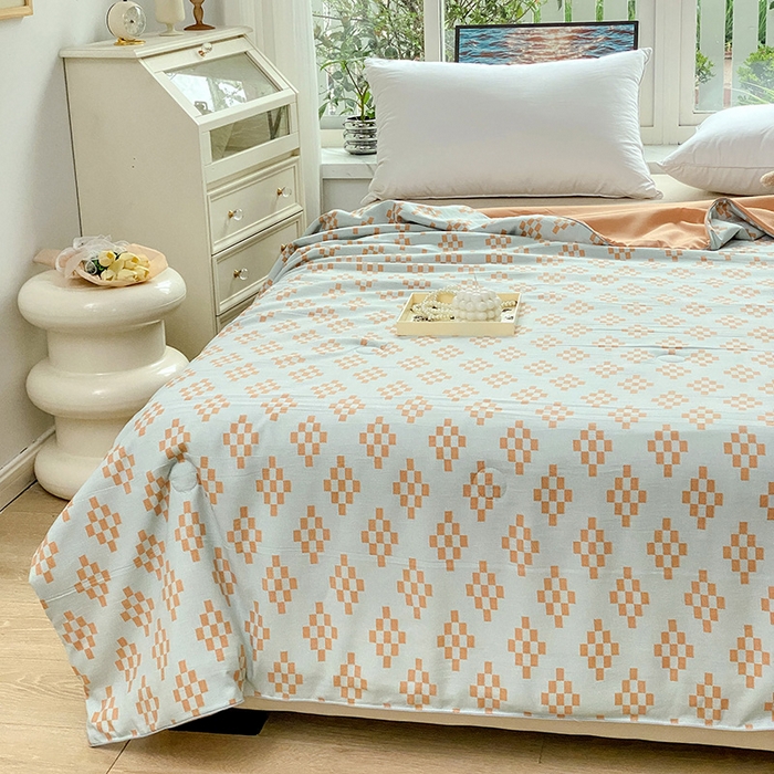 91家纺网 家纺一手货源 找家纺 畅畅家纺 2026新款A类水洗棉麻双层纱夏被夏凉被空调被四件套 长方格