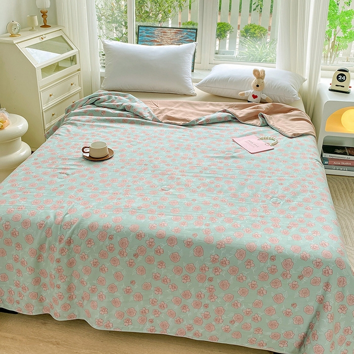 91家纺网 家纺一手货源 找家纺 畅畅家纺 2026新款A类水洗棉麻双层纱夏被夏凉被空调被四件套 法式玫瑰