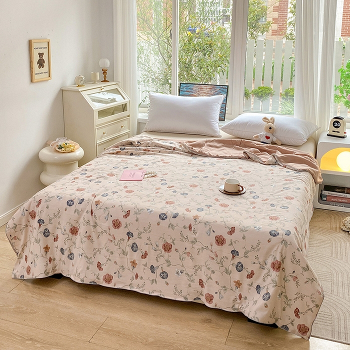 91家纺网 家纺一手货源 找家纺 畅畅家纺 2026新款A类水洗棉麻双层纱夏被夏凉被空调被四件套 夕颜