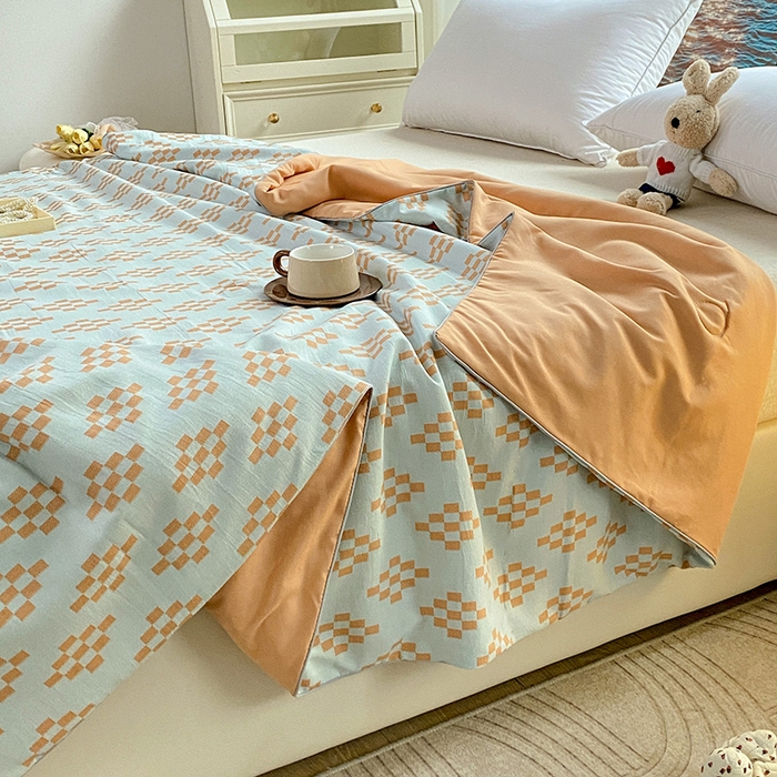 91家纺网 家纺一手货源 找家纺 畅畅家纺 2026新款A类水洗棉麻双层纱夏被夏凉被空调被四件套 长方格