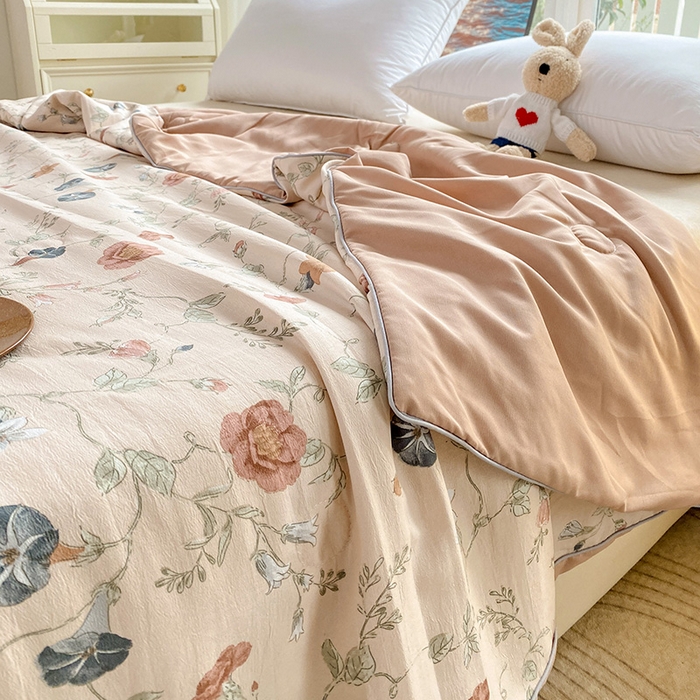 91家纺网 家纺一手货源 找家纺 畅畅家纺 2026新款A类水洗棉麻双层纱夏被夏凉被空调被四件套 夕颜