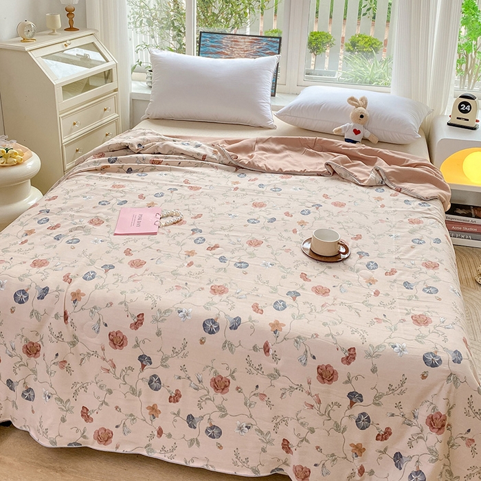 91家纺网 家纺一手货源 找家纺 畅畅家纺 2026新款A类水洗棉麻双层纱夏被夏凉被空调被四件套 夕颜