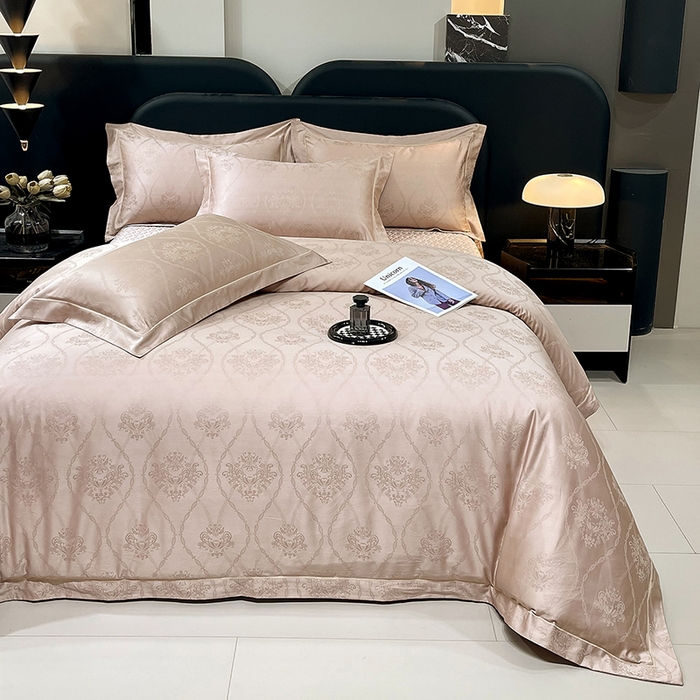 畅畅家纺 2026新款高档100支长绒棉高定提花夹棉床盖纯色四件套 罗维娜-香槟